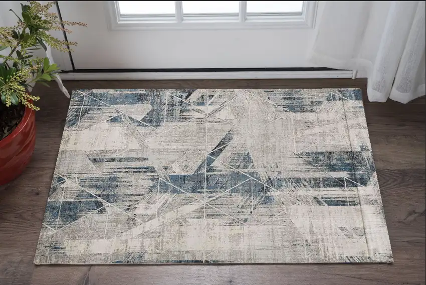 3'X5' Grey Blue Machine Woven Abstract Geometric Indoor Area Rug Photo 1