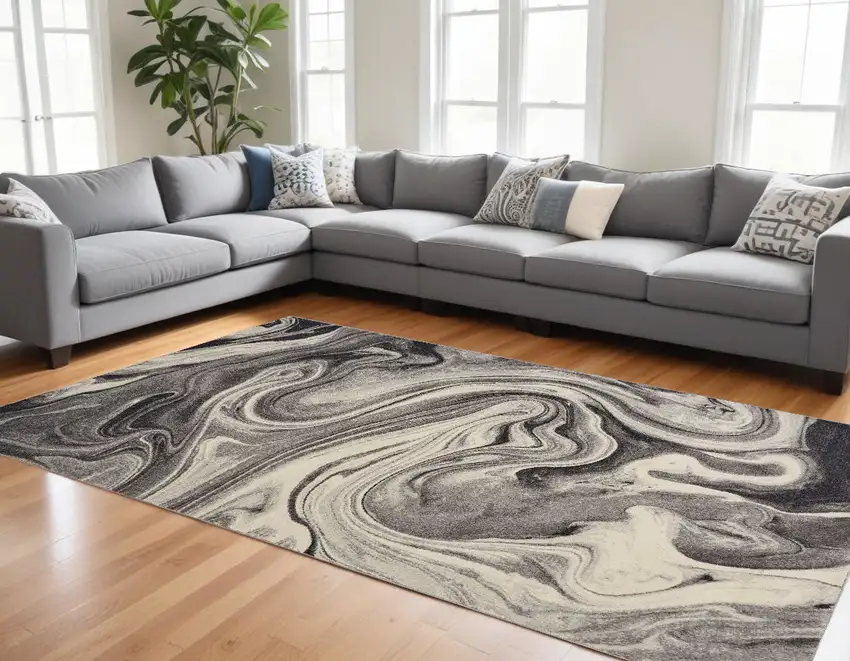 Grey Blue Machine Woven Abstract Marble Indoor Area Rug Photo 1