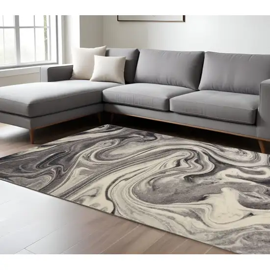 Ivory Black and Gray Abstract Shag Area Rug Photo 1
