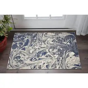 Photo of Grey Blue Machine Woven Marble Indoor Area Rug