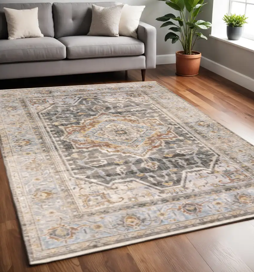 Gray And Blue Medallion Distressed Area Rug Photo 1