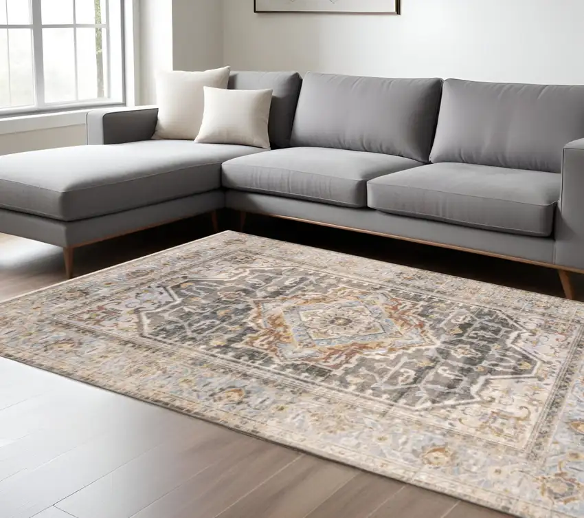 Gray And Blue Medallion Distressed Area Rug Photo 1