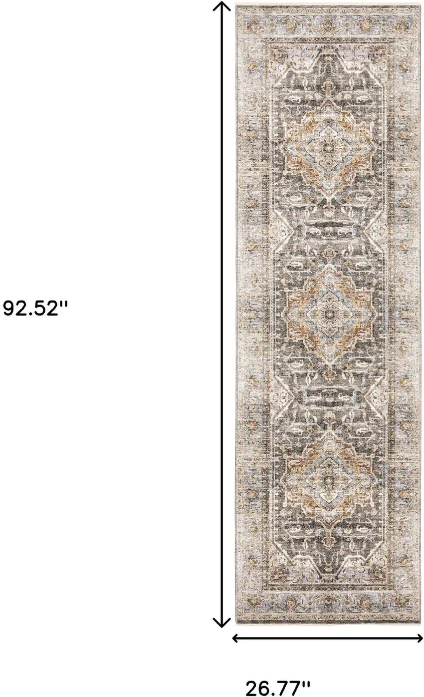 8' Grey Blue Machine Woven Medallion Indoor Runner Rug Photo 7