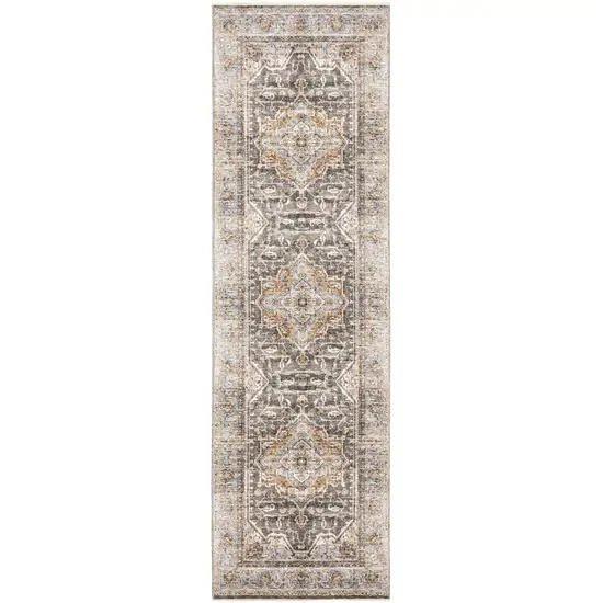 8' Grey Blue Machine Woven Medallion Indoor Runner Rug Photo 2