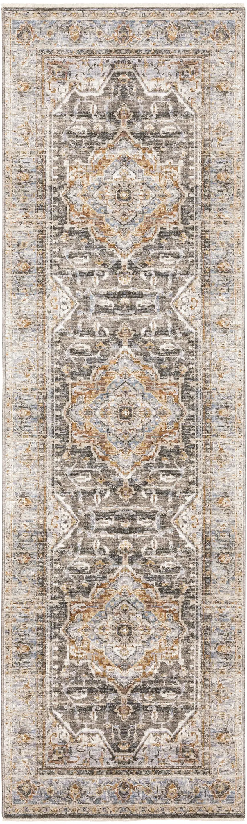 8' Grey Blue Machine Woven Medallion Indoor Runner Rug Photo 2
