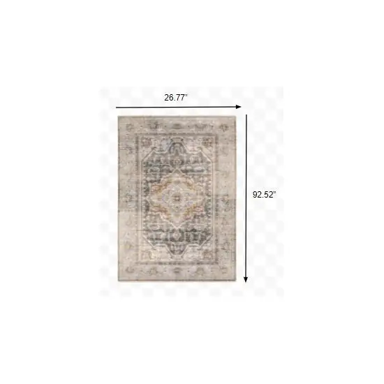 Grey Blue Machine Woven Medallion Indoor Runner Rug Photo 3