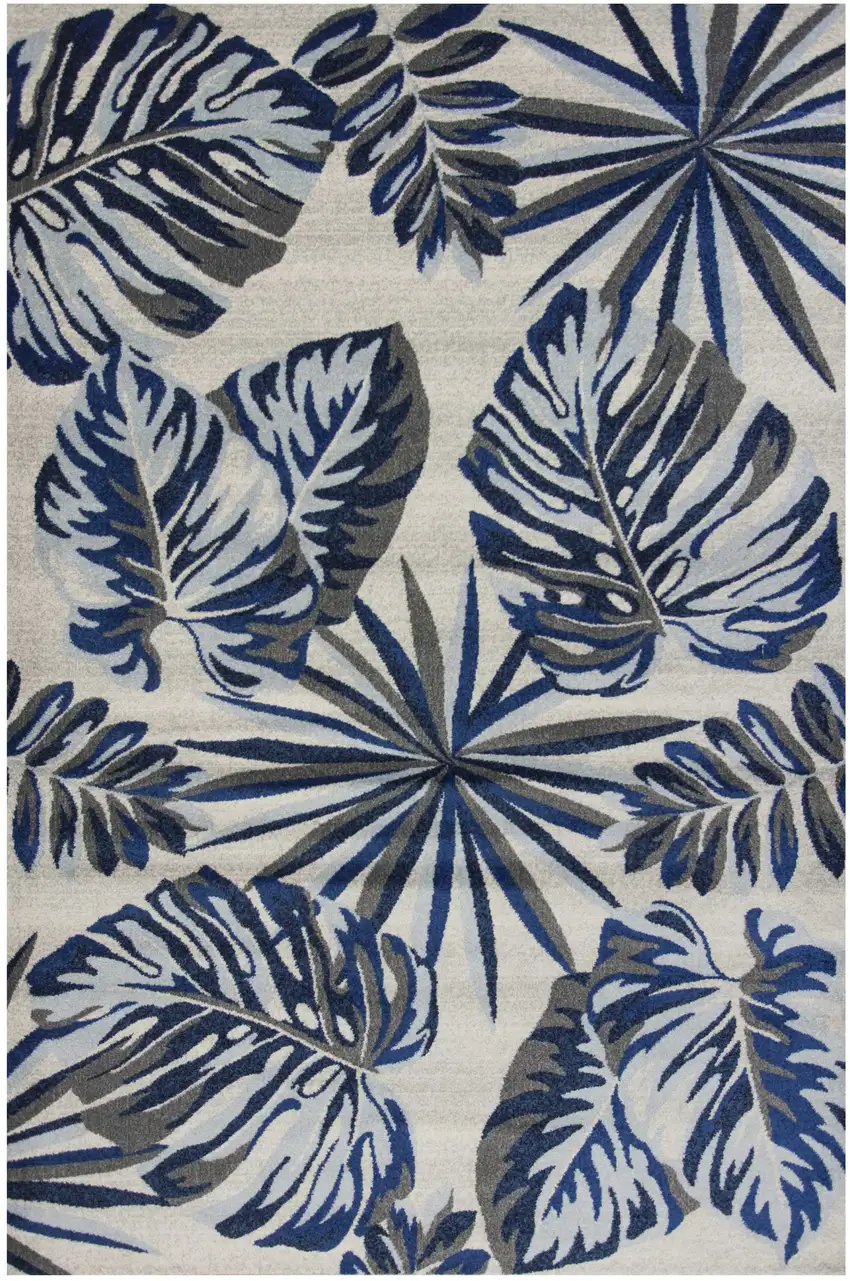 Grey Blue Machine Woven Oversized Tropical Leaves Indoor Area Rug Photo 1