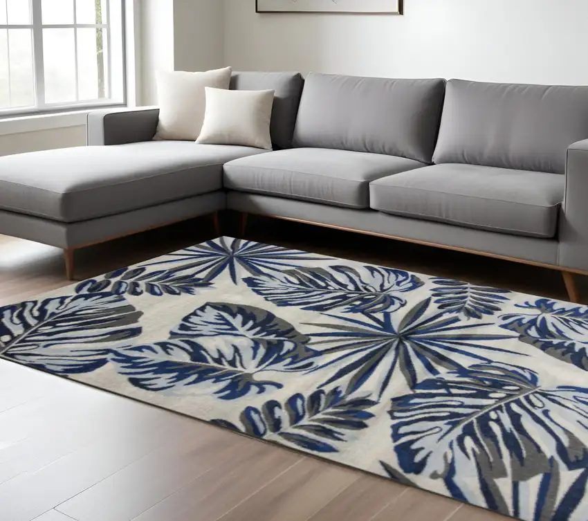 Blue And Gray Botanical Leaves Area Rug Photo 1