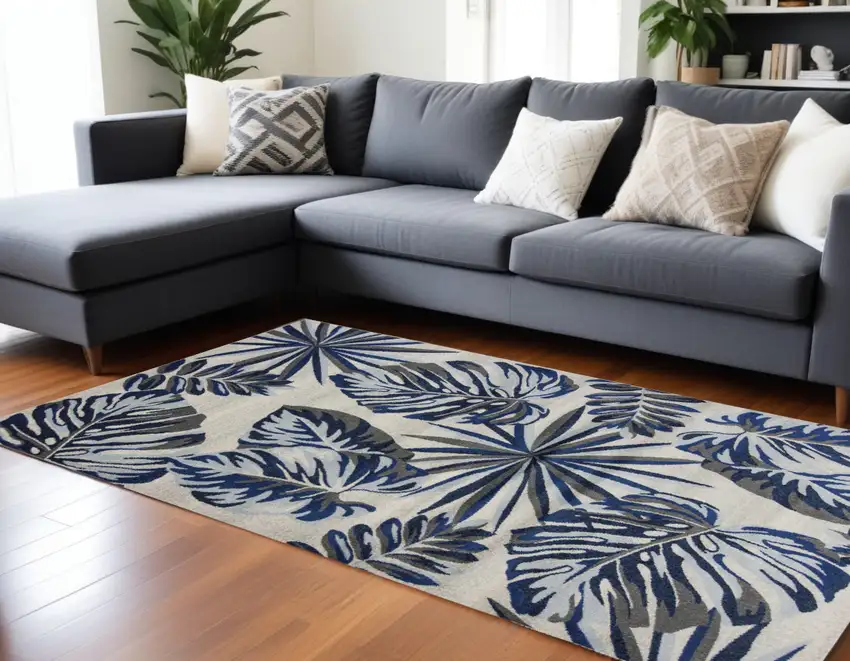 Grey Blue Machine Woven Oversized Tropical Leaves Indoor Area Rug Photo 2