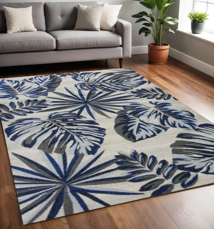 Gray And Blue Botanical Leaves Area Rug Photo 1