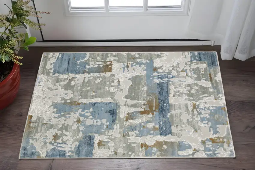 Grey Blue Navy Ivory And Brown Abstract Power Loom Stain Resistant Area Rug Photo 1