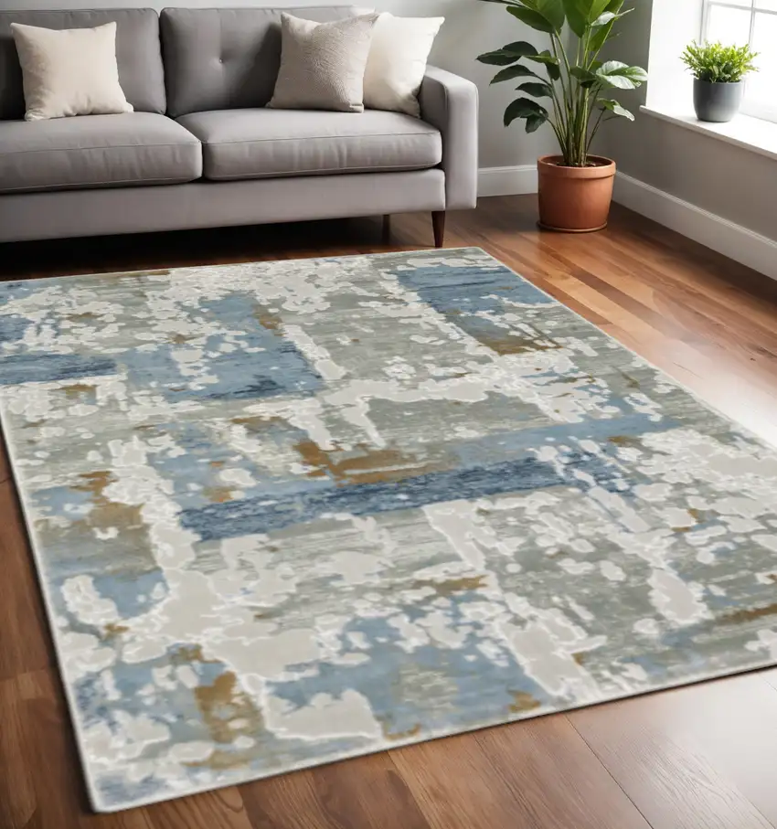 Grey Blue Navy Ivory And Brown Abstract Power Loom Stain Resistant Area Rug Photo 1