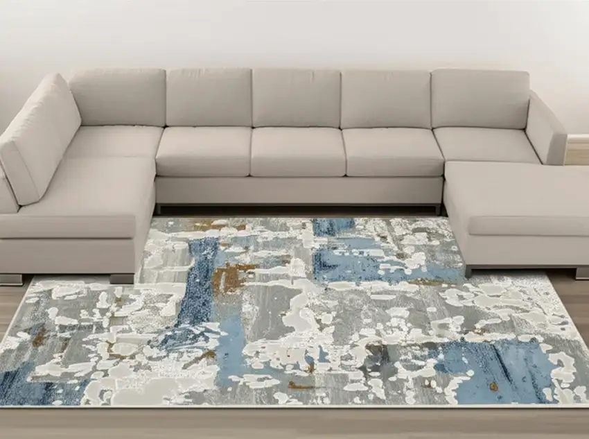 Grey Blue Navy Ivory And Brown Abstract Power Loom Stain Resistant Area Rug Photo 1
