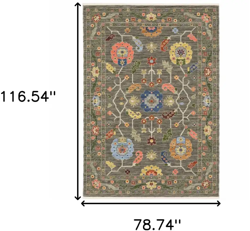 Grey Blue Pink Orange Rust Red Green And Ivory Oriental Power Loom Stain Resistant Area Rug With Fringe Photo 9