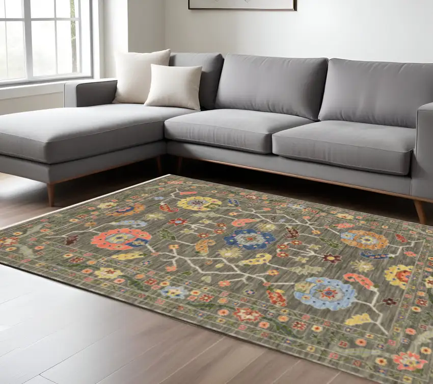 Grey Blue Pink Orange Rust Red Green And Ivory Oriental Power Loom Stain Resistant Area Rug With Fringe Photo 1