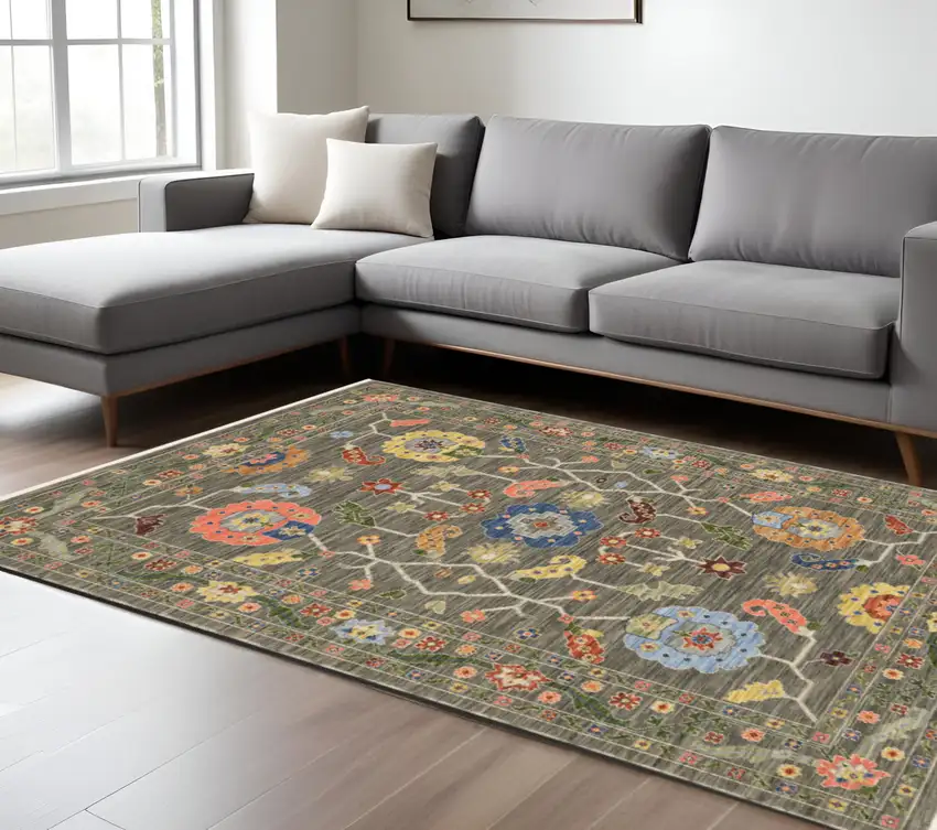 Gray Blue And Red Oriental Area Rug With Fringe Photo 1