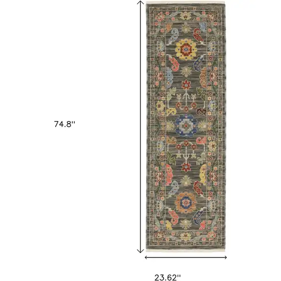 2' X 6' Grey Blue Pink Orange Rust Red Green And Ivory Oriental Power Loom Stain Resistant Runner Rug With Fringe Photo 3