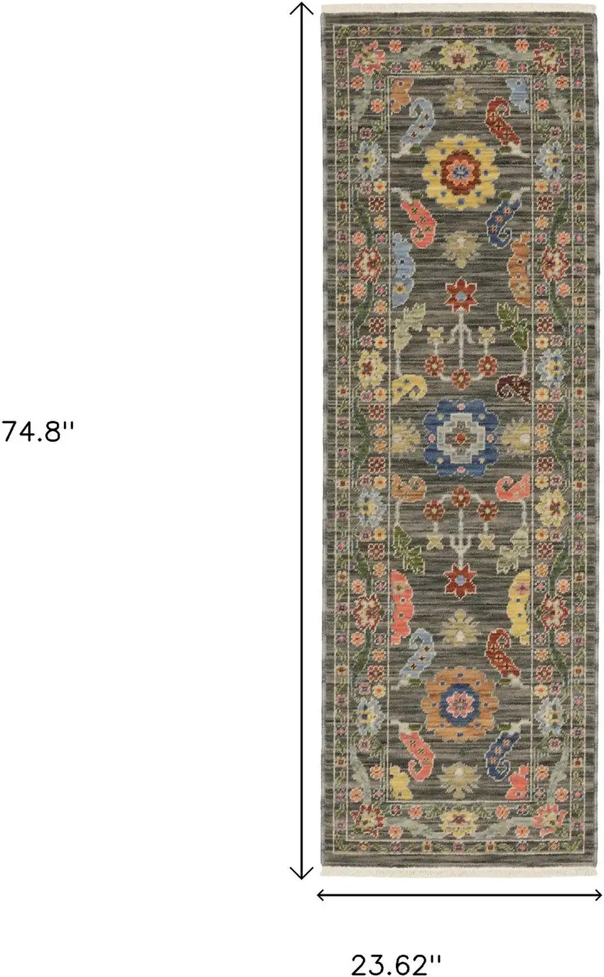 2' X 6' Grey Blue Pink Orange Rust Red Green And Ivory Oriental Power Loom Stain Resistant Runner Rug With Fringe Photo 3