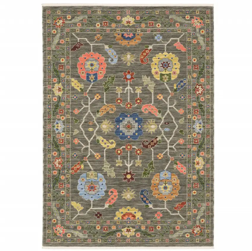 Grey Blue Pink Orange Rust Red Green And Ivory Oriental Power Loom Stain Resistant Runner Rug With Fringe Photo 2