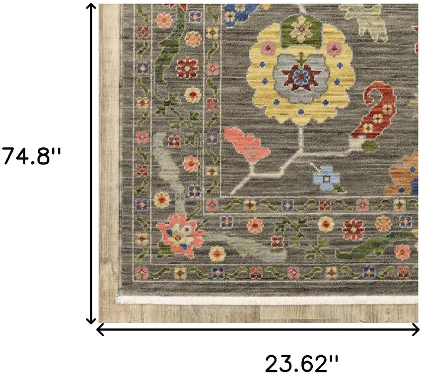 Grey Blue Pink Orange Rust Red Green And Ivory Oriental Power Loom Stain Resistant Runner Rug With Fringe Photo 8