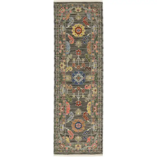 2' X 6' Grey Blue Pink Orange Rust Red Green And Ivory Oriental Power Loom Stain Resistant Runner Rug With Fringe Photo 2