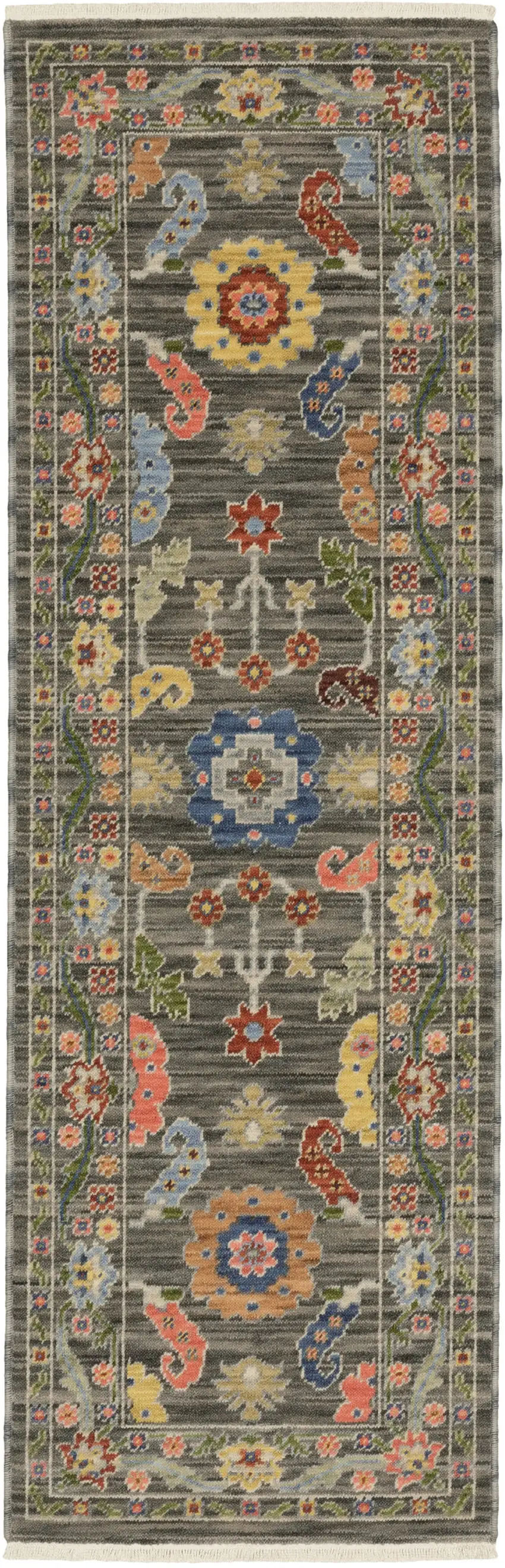 2' X 6' Grey Blue Pink Orange Rust Red Green And Ivory Oriental Power Loom Stain Resistant Runner Rug With Fringe Photo 2