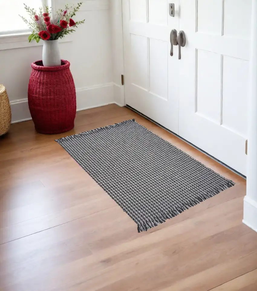 Grey Braided Wool Area Rug With Fringe Photo 1