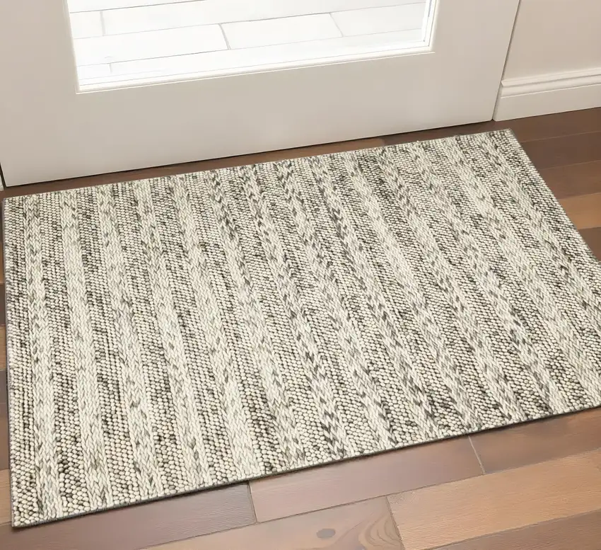 Gray And Ivory Wool Striped Handmade Area Rug Photo 1