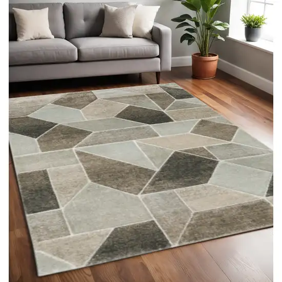 Grey Brown Beige Tan Taupe And Ivory Geometric Power Loom Stain Resistant Area Rug Photo 1