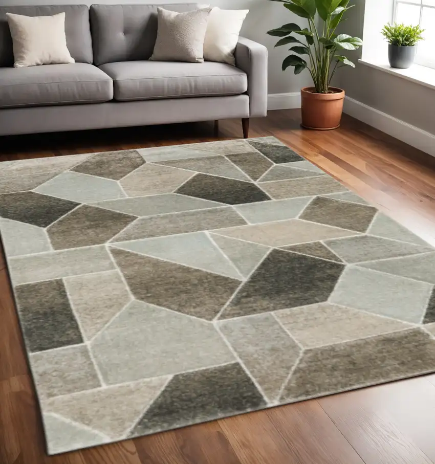 Grey Brown Beige Tan Taupe And Ivory Geometric Power Loom Stain Resistant Area Rug Photo 1