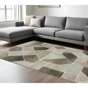Photo of Grey Brown Beige Tan Taupe And Ivory Geometric Power Loom Stain Resistant Area Rug