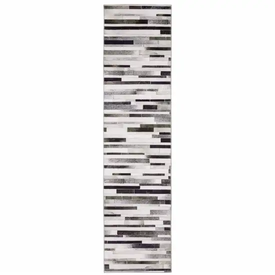 Grey Charcoal And Beige Geometric Power Loom Stain Resistant Runner Rug Photo 1