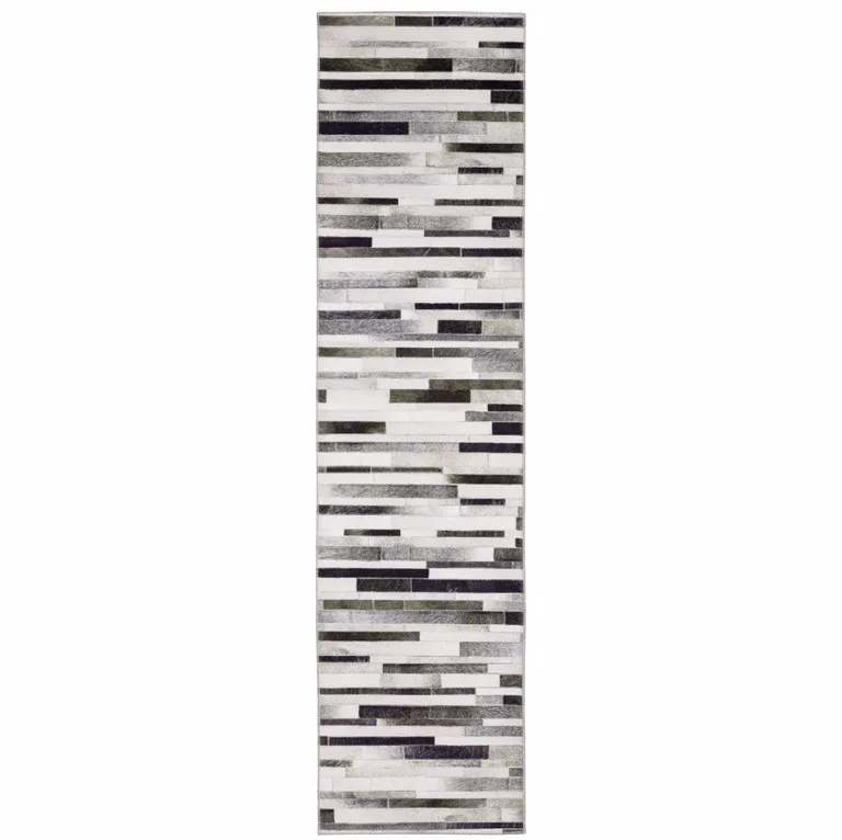 Grey Charcoal And Beige Geometric Power Loom Stain Resistant Runner Rug Photo 1