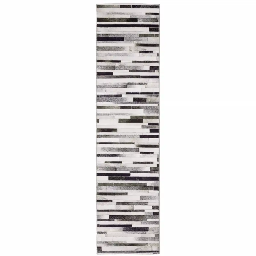 Grey Charcoal And Beige Geometric Power Loom Stain Resistant Runner Rug Photo 1