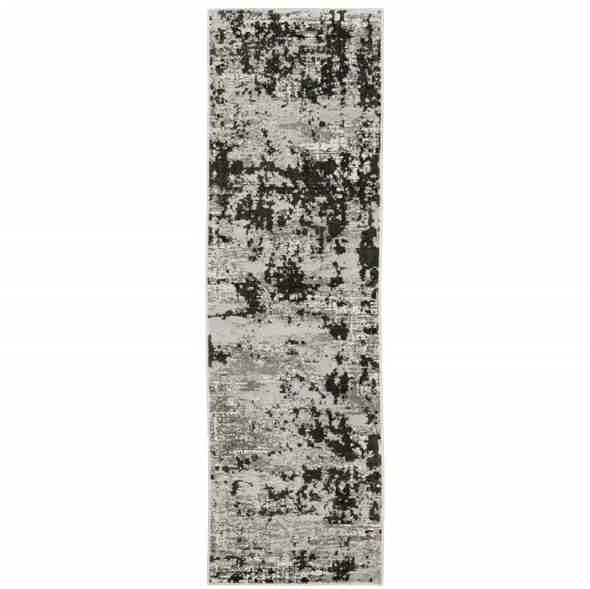 Grey Charcoal Black And Ivory Abstract Power Loom Stain Resistant Runner Rug Photo 1