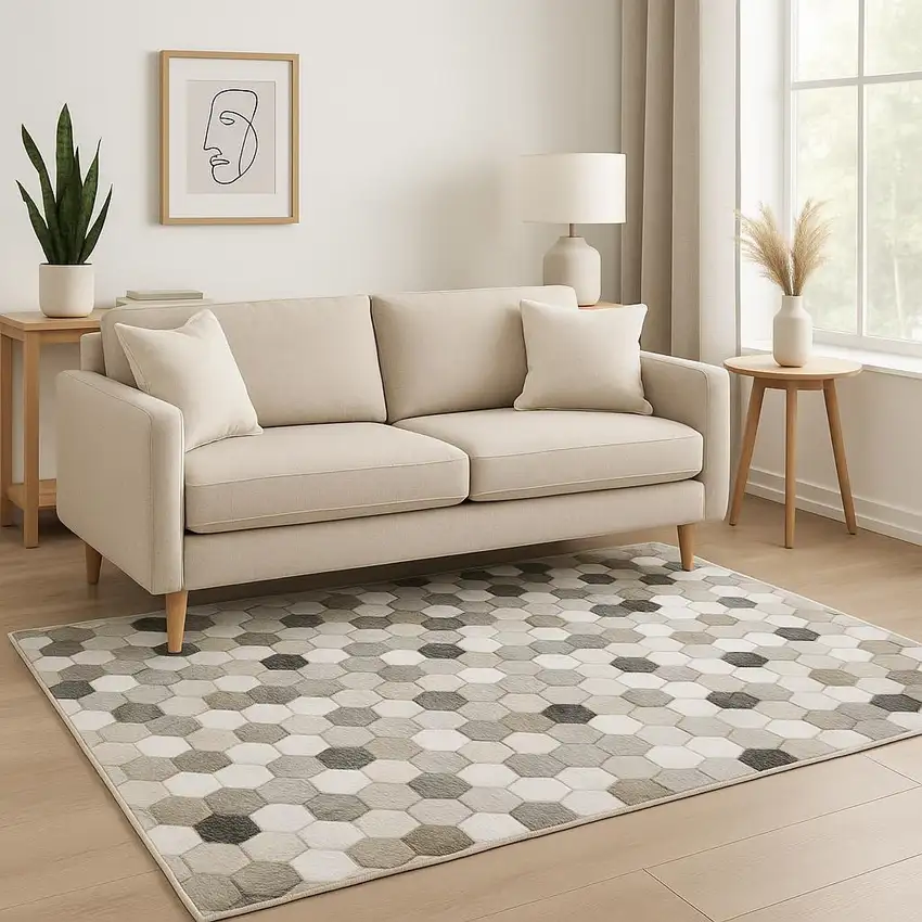 Grey Charcoal Brown Tan And Ivory Geometric Power Loom Stain Resistant Area Rug Photo 1