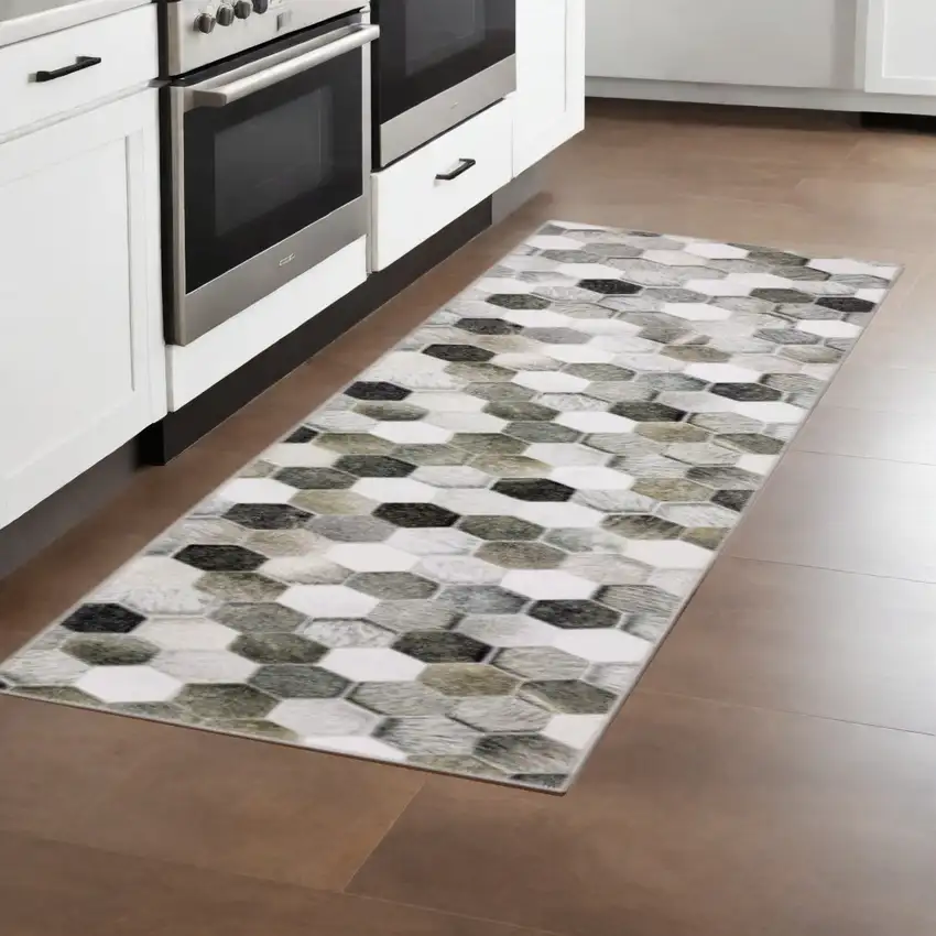 8' Gray and Ivory Geometric Power Loom Runner Rug Photo 2