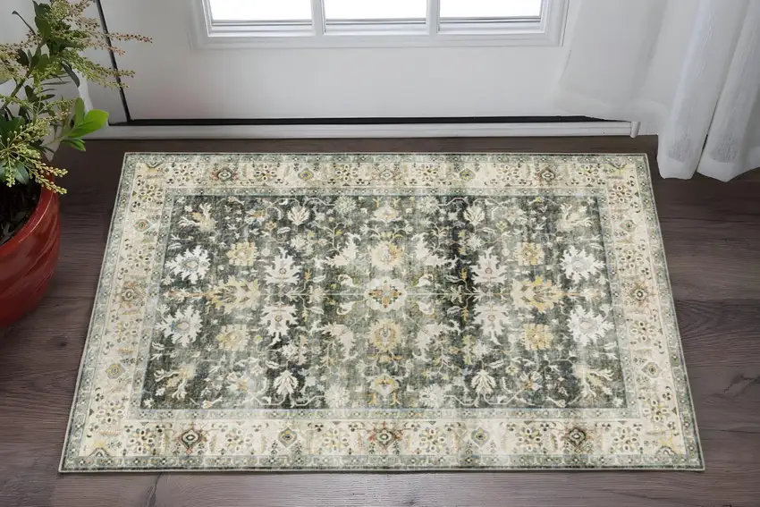 Grey Charcoal Gold Brown Ivory Pale Sage And Light Blue Oriental Printed Stain Resistant Non Skid Area Rug Photo 1