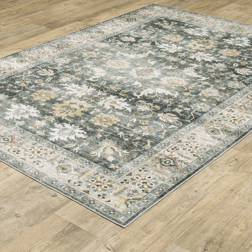 Grey Charcoal Gold Brown Ivory Pale Sage And Light Blue Oriental Printed Stain Resistant Non Skid Area Rug Photo 6