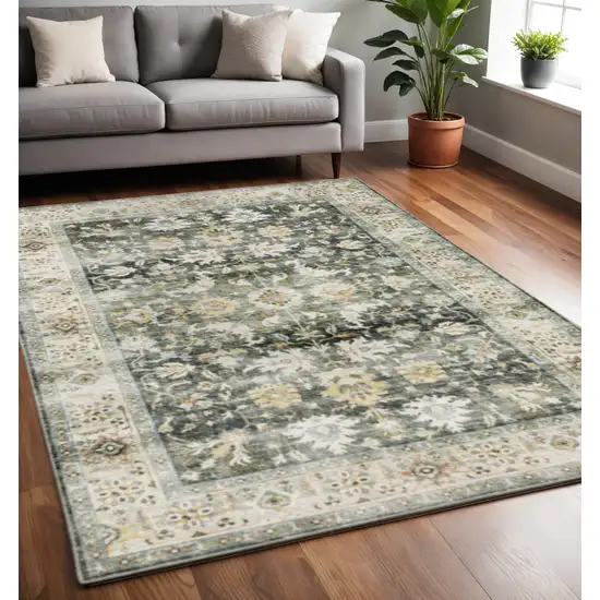 Grey Charcoal Gold Brown Ivory Pale Sage And Light Blue Oriental Printed Stain Resistant Non Skid Area Rug Photo 1