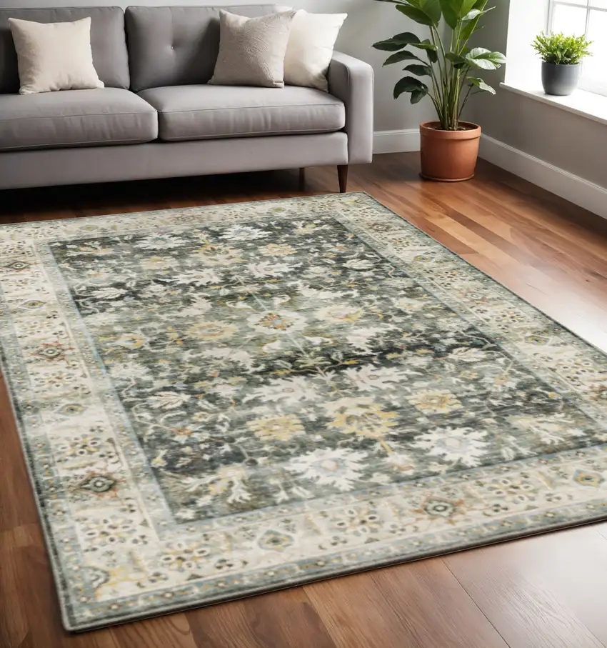 Grey Charcoal Gold Brown Ivory Pale Sage And Light Blue Oriental Printed Stain Resistant Non Skid Area Rug Photo 1