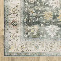Photo of Grey Charcoal Gold Brown Ivory Pale Sage And Light Blue Oriental Printed Stain Resistant Non Skid Area Rug