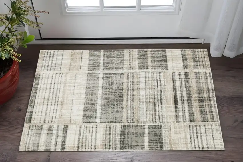 Grey Charcoal Ivory Tan Brown And Beige Geometric Power Loom Stain Resistant Area Rug Photo 1