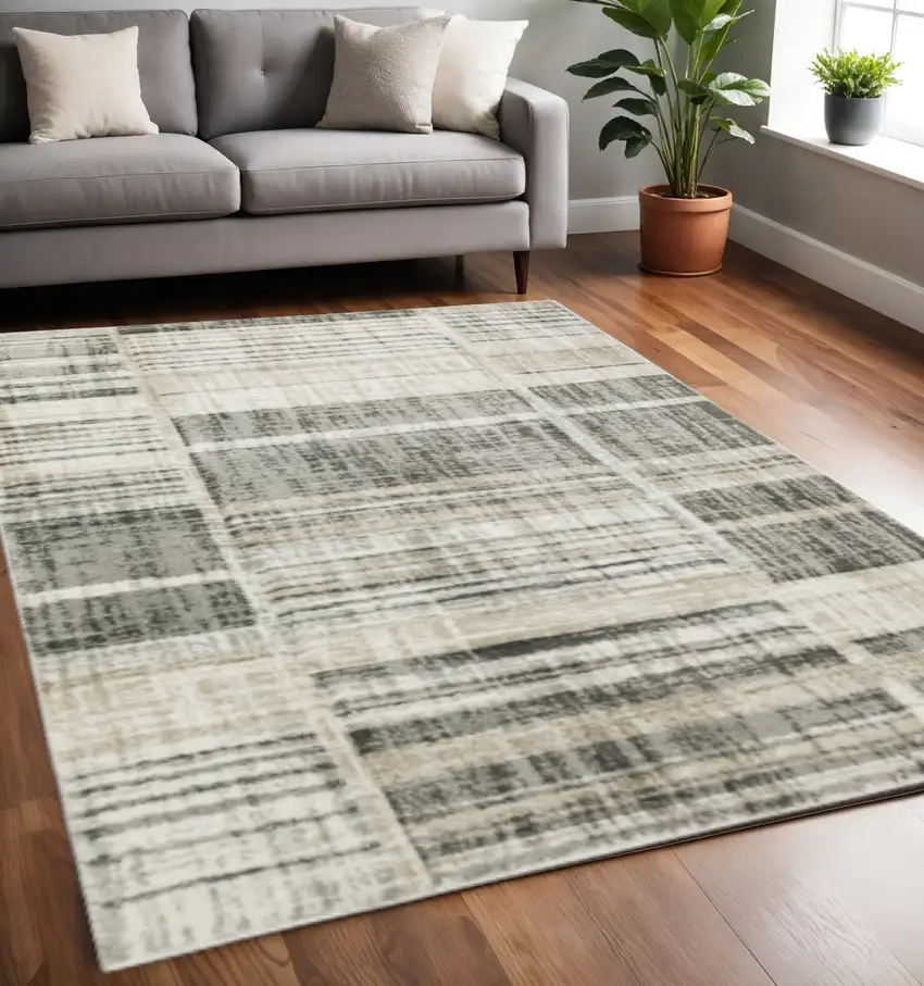 Grey Charcoal Ivory Tan Brown And Beige Geometric Power Loom Stain Resistant Area Rug Photo 2