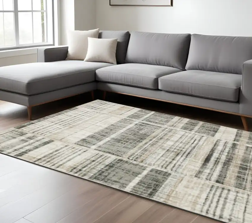 6' X 9' Grey Charcoal Ivory Tan Brown And Beige Geometric Power Loom Stain Resistant Area Rug Photo 2