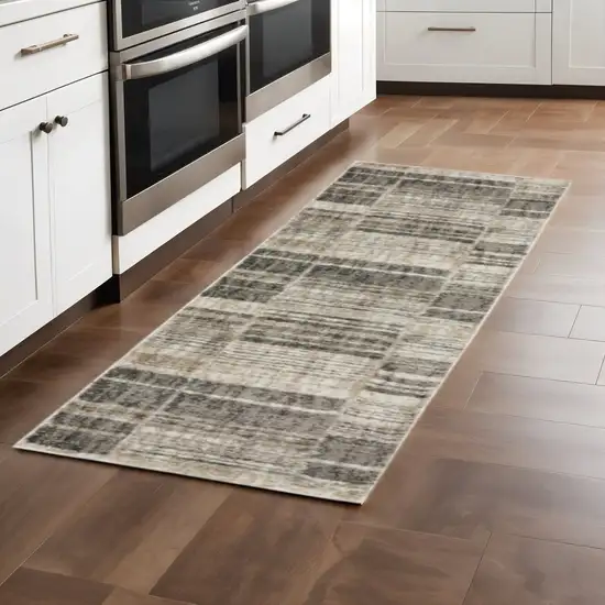 2' X 8' Grey Charcoal Ivory Tan Brown And Beige Geometric Power Loom Stain Resistant Runner Rug Photo 1