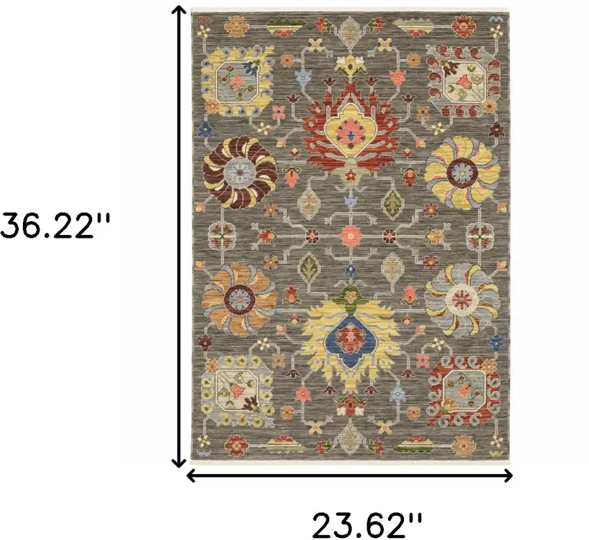 Grey Charcoal Yellow Blue Rust Red Pink Green And Ivory Oriental Power Loom Stain Resistant Area Rug With Fringe Photo 9