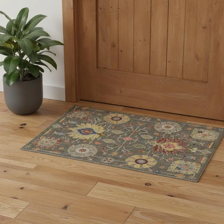 Grey Charcoal Yellow Blue Rust Red Pink Green And Ivory Oriental Power Loom Stain Resistant Area Rug With Fringe Photo 1