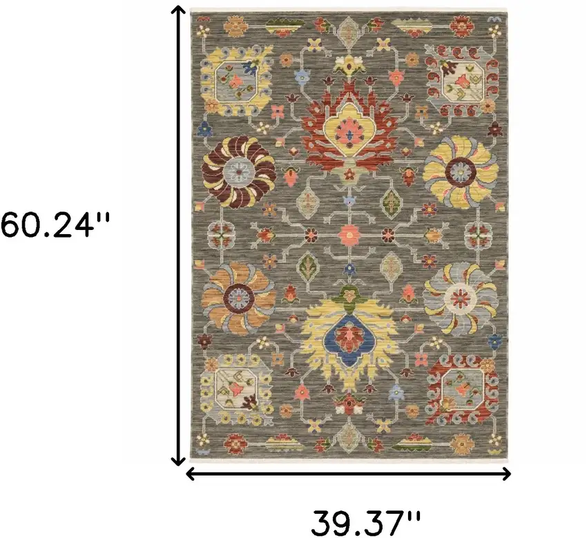 Grey Charcoal Yellow Blue Rust Red Pink Green And Ivory Oriental Power Loom Stain Resistant Area Rug With Fringe Photo 9