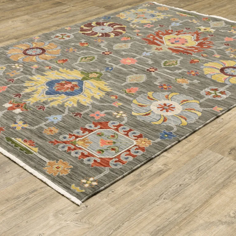 Grey Charcoal Yellow Blue Rust Red Pink Green And Ivory Oriental Power Loom Stain Resistant Area Rug With Fringe Photo 5